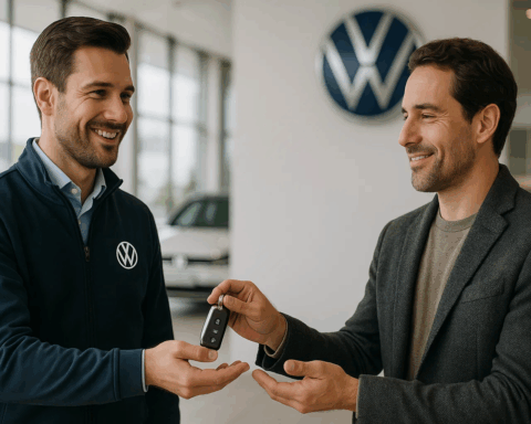 Cliente satisfecho recibiendo las llaves de un coche de sustitución en un concesionario oficial Volkswagen, simbolizando el servicio de movilidad de la marca.