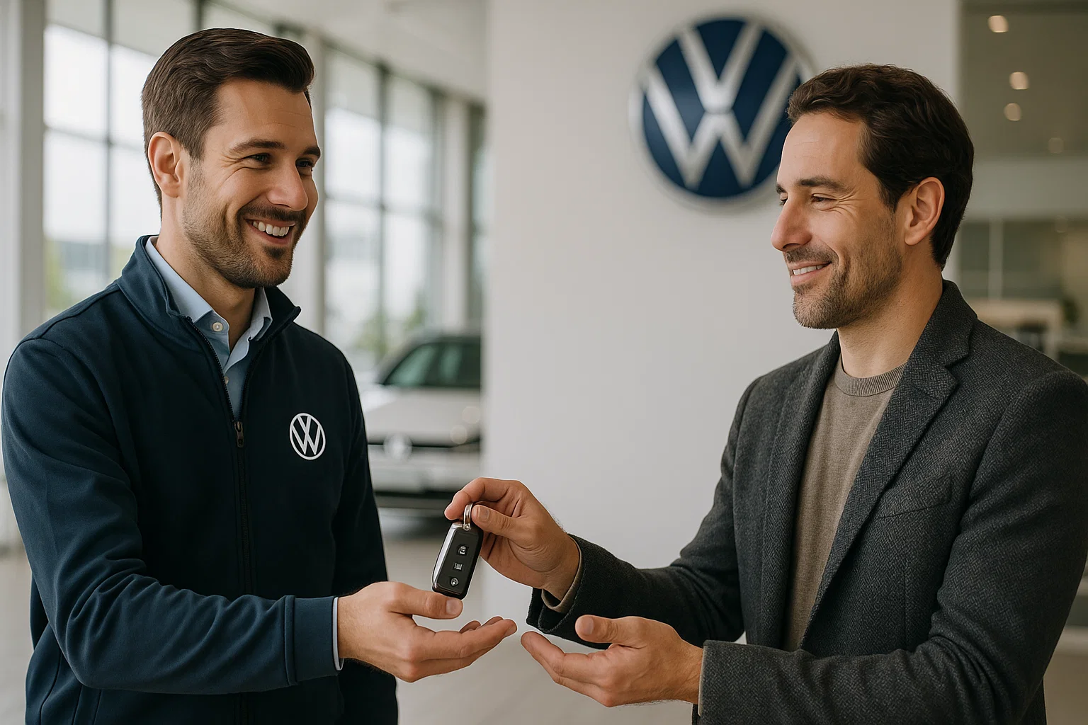 Cliente satisfecho recibiendo las llaves de un coche de sustitución en un concesionario oficial Volkswagen, simbolizando el servicio de movilidad de la marca.